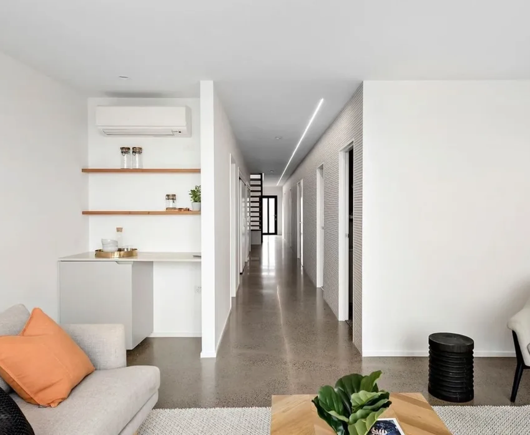 Modern living room with hallway view