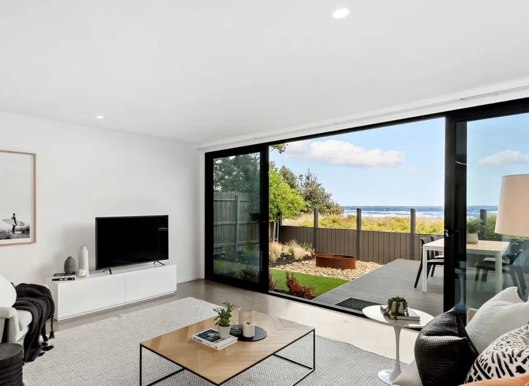 Modern living room with ocean view
