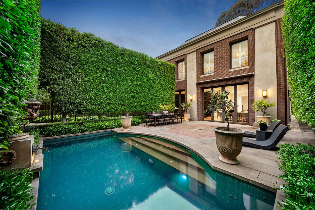 Luxury home backyard with pool and patio